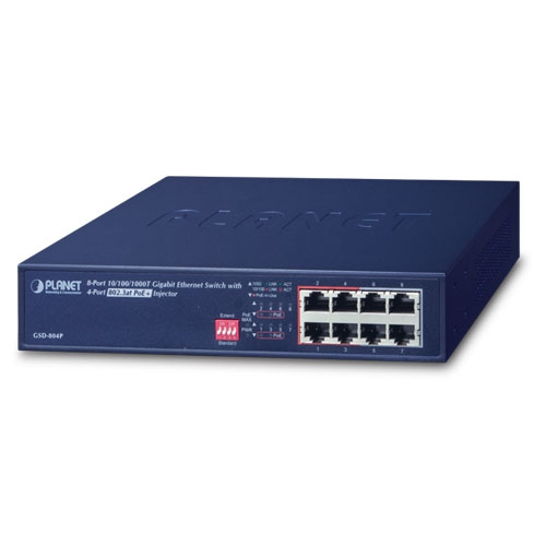 PLANET  Switch PoE no Administrable, 8 Puertos 10/100/1000 Mbps con 4 Puertos PoE 802.3af/at, Modo Extender Hasta 250 mts