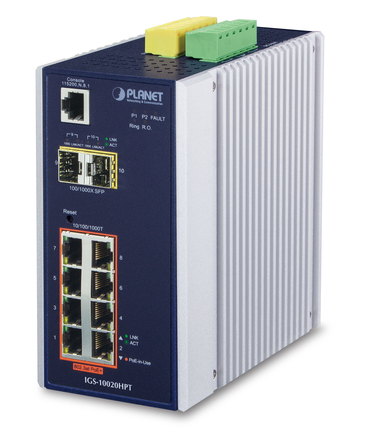 PLANET  Switch Industrial Administrable Capa 2, 8 puertos PoE Gigabit 802.3af/at, 2 Puertos SFP de 1 / 2.5 Gigabit, Entrada de Voltaje Secundaria para Fuente Redundante