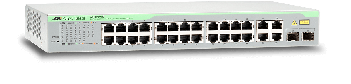 Allied Telesis  Switch WebSmart de 24 puertos 10/100 Mbps + 2 puertos 10/100/1000 Mbps + 2 SFP Gigabit Combo
