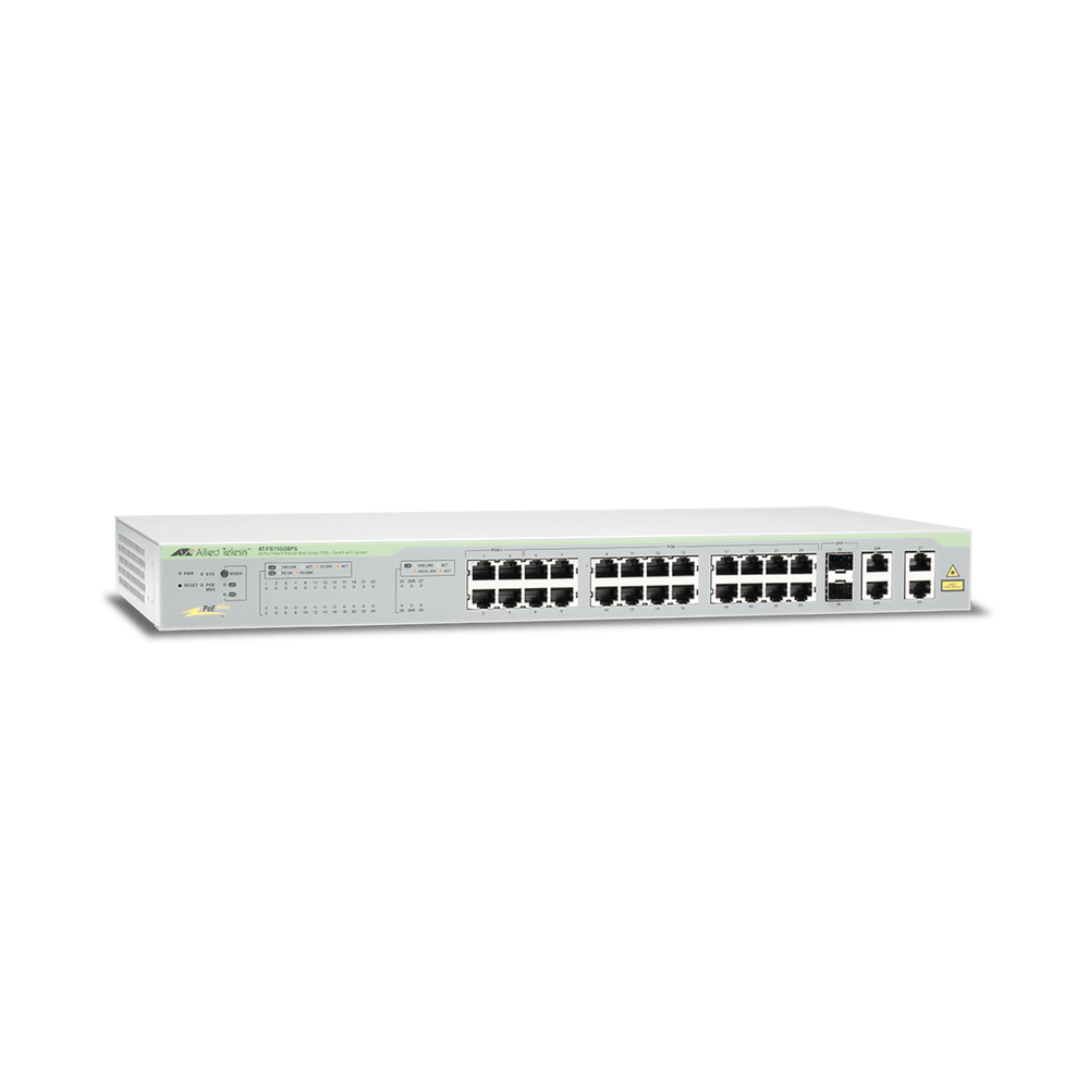 Allied Telesis  WebSmart Switch, 24 puertos PoE+ 10/100 Mbps + 2 puertos 10/100/1000 Mbps + 2 SFP Gigabit Combo, 193 W