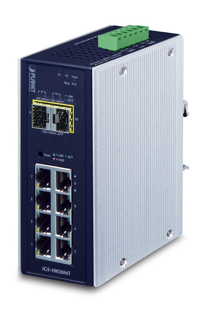 PLANET  Switch Industrial Administrable Capa 2, 8 Puertos 10/100/1000T, 2 Puertos SFP 1G / 2.5 G BASE X