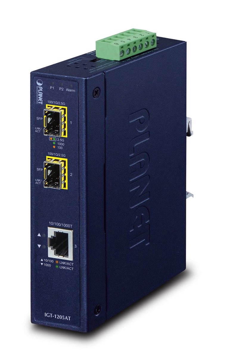 PLANET  Convertidor de Medios Industrial de 1 Puerto Ethernet 10/100/1000 Base-T a 2 Puertos SFP 100/1000/2500 Base-X
