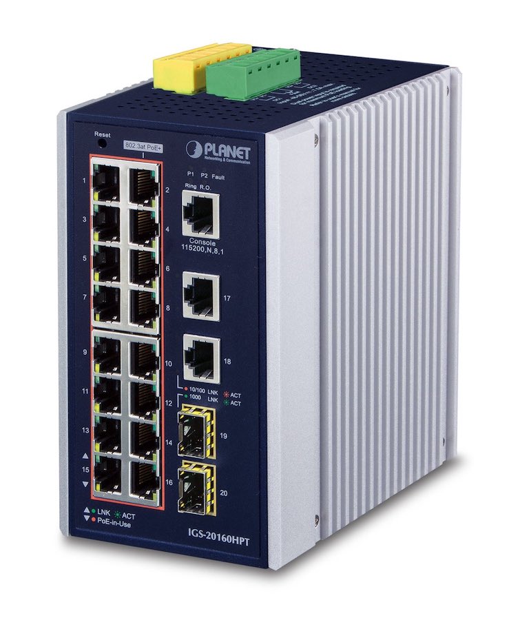 PLANET  Switch Industrial Administrable 16 puertos 10/100/1000 T 802.3at PoE + 2 Puertos 10/100/1000 T + 2 puertos 100/1000 X SFP