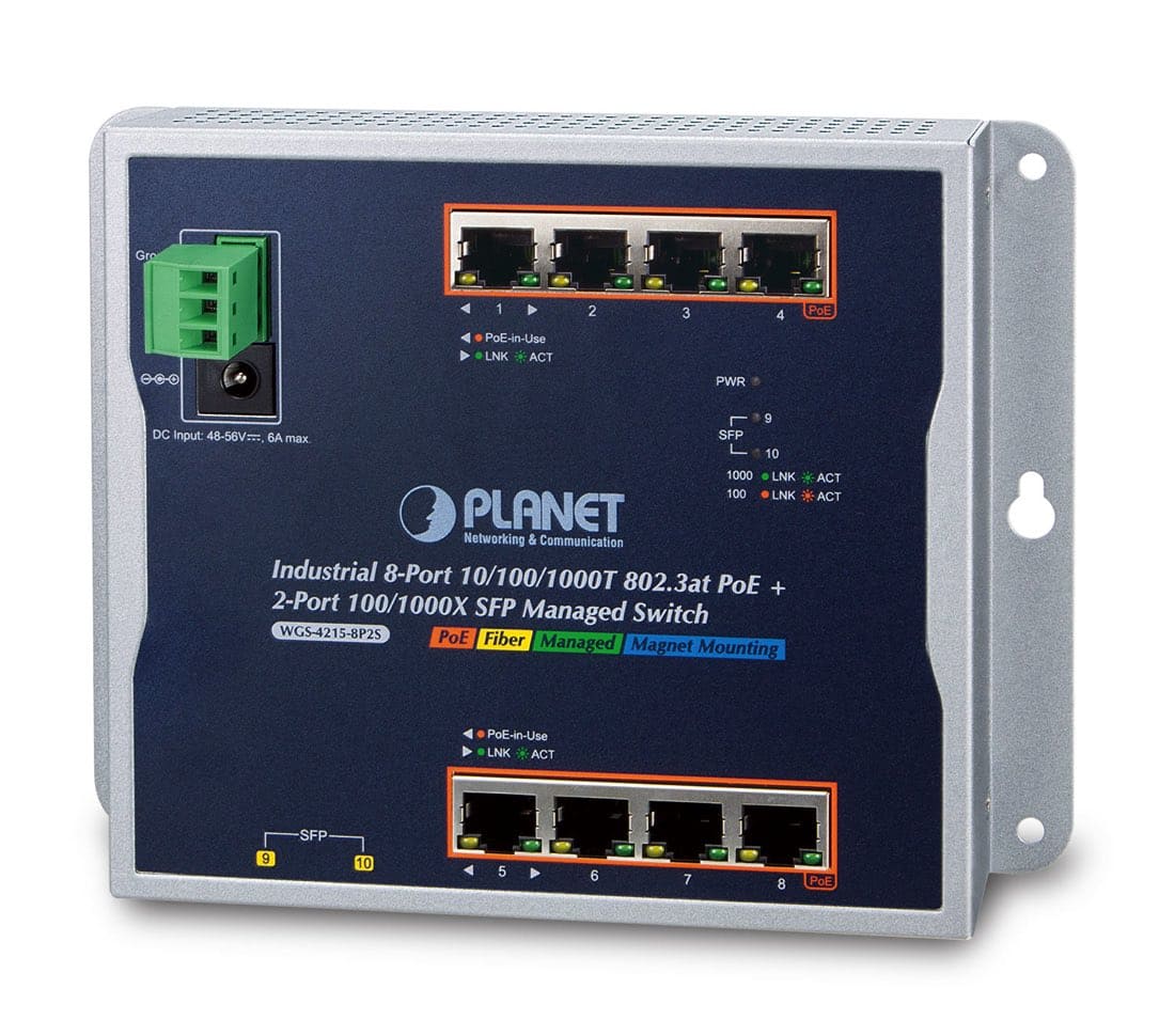 PLANET  Switch Industrial PoE Administrable de Pared Capa 2, 8 Puertos Gigabit PoE 802.3at y 2 Puertos 100/1000X SFP