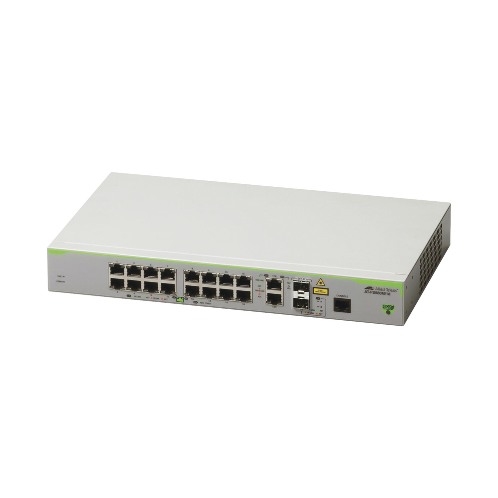 Allied Telesis  Switch Administrable CentreCOM FS980M, Capa 3 de 16 Puertos 10/100 Mbps + 2 puertos RJ45 Gigabit/SFP Combo