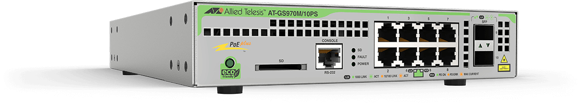 Allied Telesis  Switch PoE+ Administrable CentreCOM GS970M, Capa 3 de 8 Puertos 10/100/1000 Mbps + 2 SFP Gigabit, 124 W