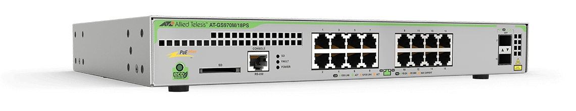 Allied Telesis  Switch PoE+ Administrable CentreCOM GS970M, Capa 3 de 16 Puertos 10/100/1000 Mbps + 2 SFP Gigabit, 247 W