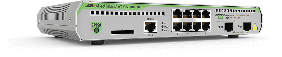 Allied Telesis  Switch Administrable CentreCOM GS970M, Capa 3 de 8 Puertos 10/100/1000 Mbps + 2 puertos SFP Gigabit