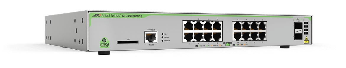 Allied Telesis  Switch Administrable CentreCOM GS970M, Capa 3 de 16 Puertos 10/100/1000 Mbps + 2 puertos SFP Gigabit