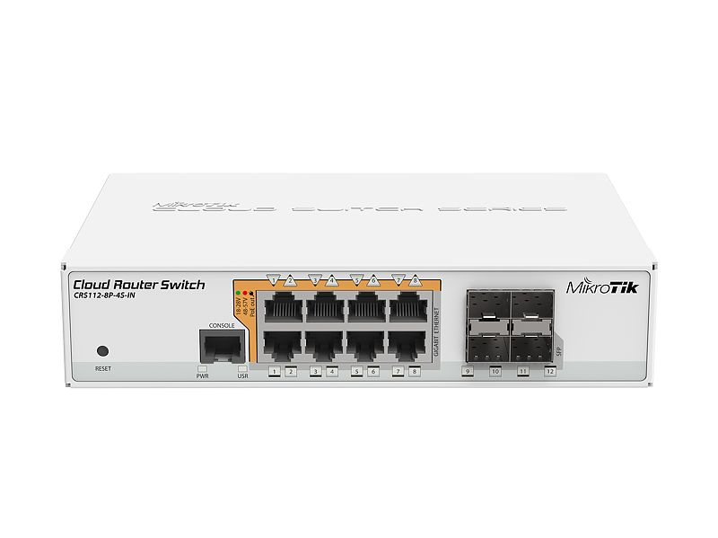 MIKROTIK  Cloud Router Switch Administrable L3, 8 puertos 10/100/1000 Mbps c/PoE Pasivo ó 802.3af/at, 4 Puertos SFP