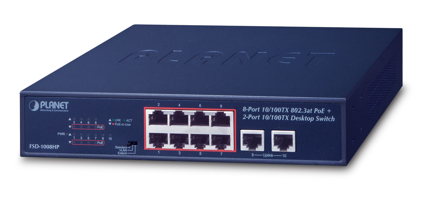 PLANET  Switch No Administrable de Escritorio y Rack, 8 Puertos Fast Ethernet con  PoE 802.3af/at, 2 Puertos Uplink, Hasta 250 m en Modo Extendido