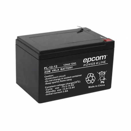 Epcom  Batería 12 Vcc / 12 Ah / UL / Tecnología AGM-VRLA / Para uso en equipo electrónico Alarmas de intrusión / Incendio/ Control de acceso / Video Vigilancia / Terminales F2 / Cargador recomendado CHR-80.