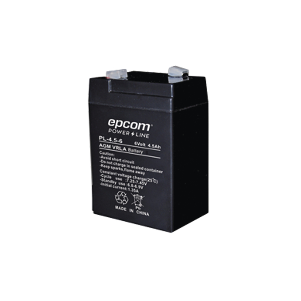 Epcom  Batería 6 Vcc / 4.5 Ah / UL / Tecnología AGM-VRLA / Para uso en equipo electrónico Alarmas de intrusión / Incendio/ Control de acceso / Video Vigilancia / Terminales F1.