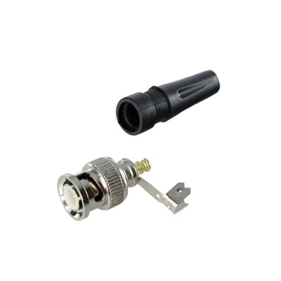 Epcom  Conector BNC macho en 75 Ohm, para cable coaxial RG-59/ RG-6 con base de alivio negra de PVC, Níquel/ Oro/ PTFE.