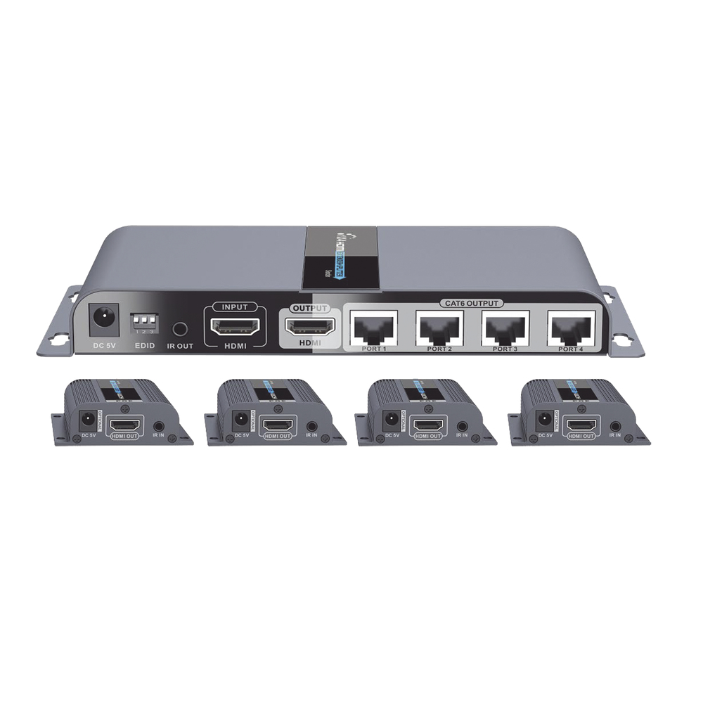 Epcom  Kit Divisor y Extensor HDMI (Extender Splitter)  / Divide 1 Fuente HDMI a 4 Pantallas / Extiende la señal HDMI hasta 40 m / Resolución 1080P @ 60 Hz / Cat 6/6a/7 / Cero Latencia / Salida Loop en el Tx / IR / Alimente solo el Tx (PoC).