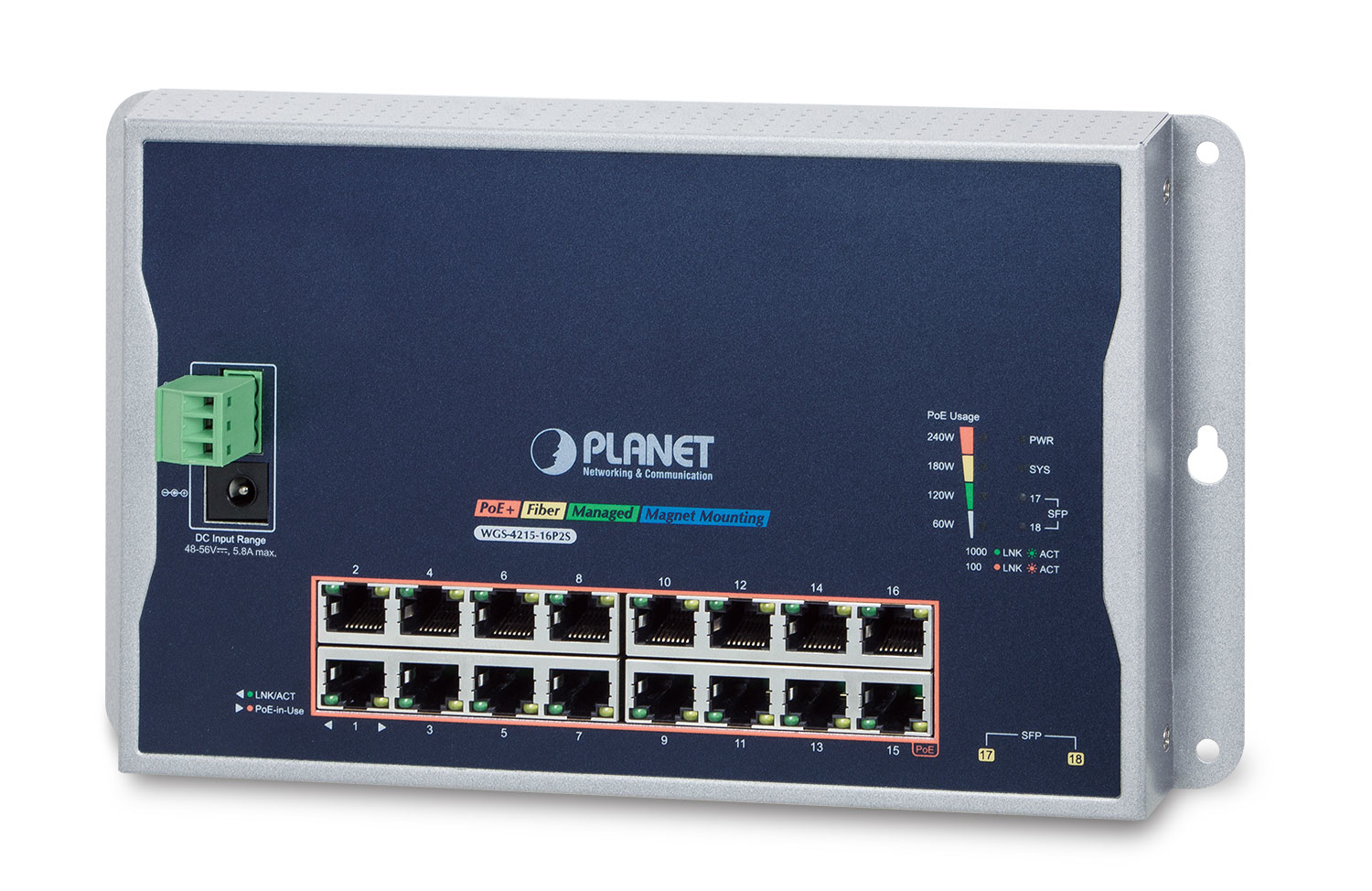PLANET  Switch Industrial Administrable Capa 2 de Pared,16 Puertos PoE 802.3at Gigabit y 2 Puertos SFP