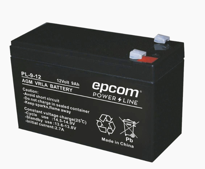 EPCOM  Batería 12 Vcc / 9 Ah / UL / Tecnología AGM-VRLA / Para uso en equipo electrónico Alarmas de intrusión / Incendio/ Control de acceso / Video Vigilancia / Terminales F1 / Cargador recomendado CHR-80.