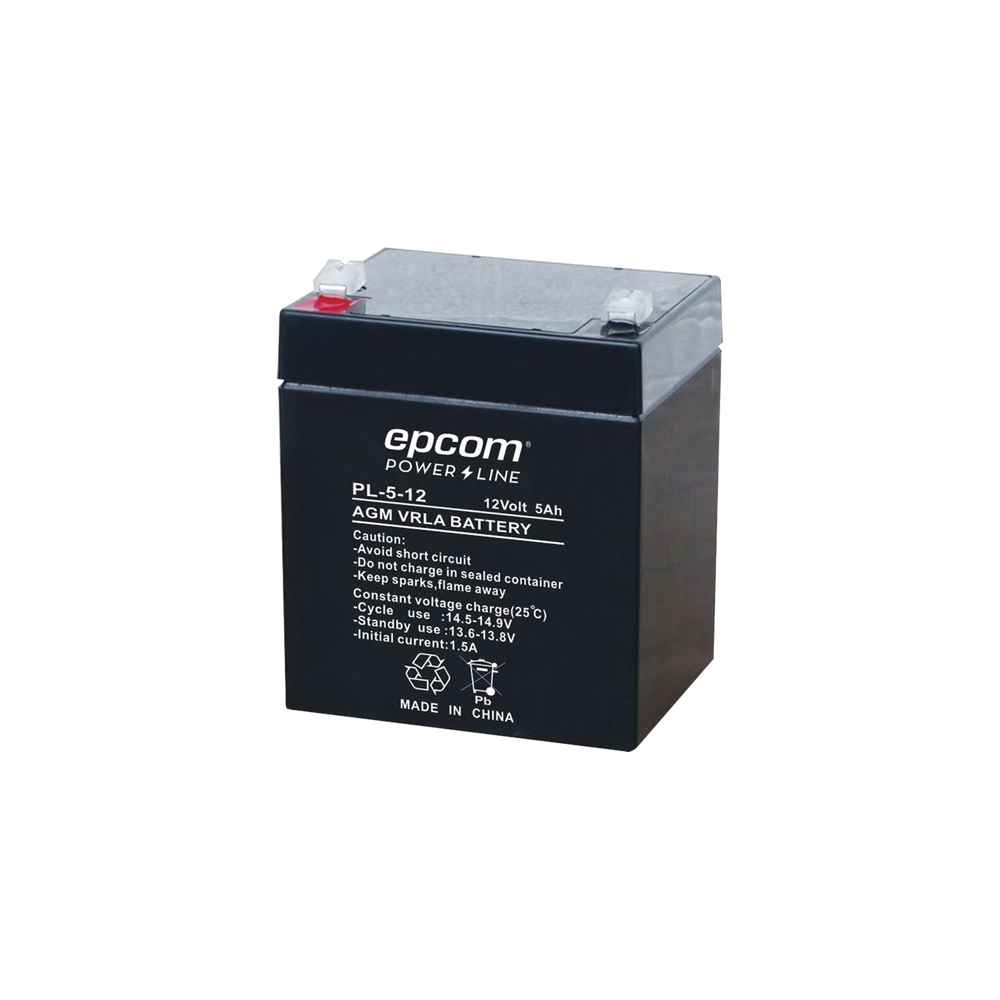 Epcom  Batería 12 Vcc / 5 Ah / UL / Tecnología AGM-VRLA / Para uso en equipo electrónico Alarmas de intrusión / Incendio/ Control de acceso / Video Vigilancia / Terminales F1 / Cargador recomendado CHR-80.