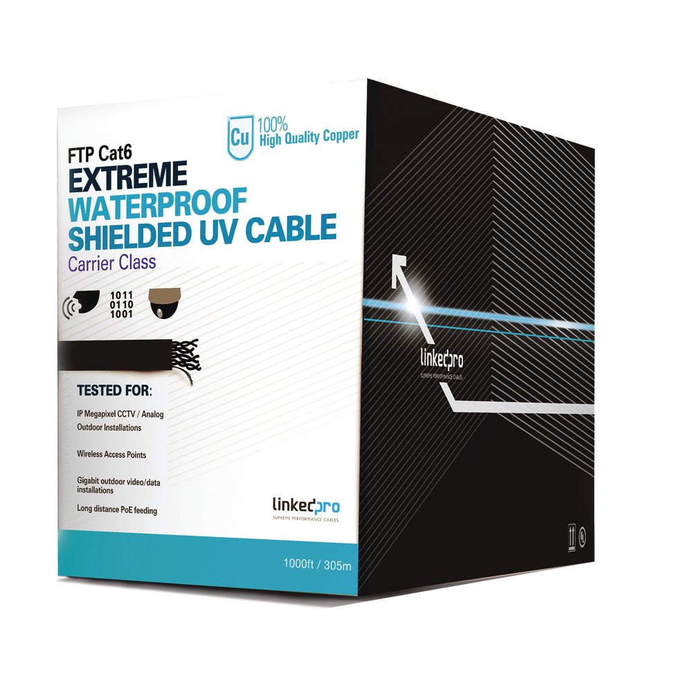 LinkedPro  Bobina de cable de 305 m, Cat5e, color negro, sin blindar, para aplicaciones de video vigilancia, redes de datos. Uso en intemperie