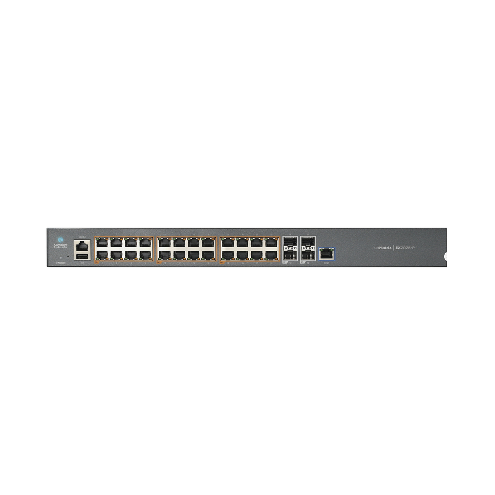 Cambium Networks  Switch cnMatrix EX2028-P capa 3 de 28 puertos (24 PoE Gigabit 802.3af/at, 4 SFP+) administración desde la Nube (MX-EX2028PxA-U)