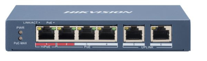 Hikvision  Switch PoE+ / No Administrable / 3 Puertos 10/100 Mbps 802.3 af/at (30 W) + 1 Puerto 100 Mbps Hi-PoE (60 W) / 2 Puertos 10/100 Mbps Uplink / 250 Metros PoE Larga Distancia / 60 W