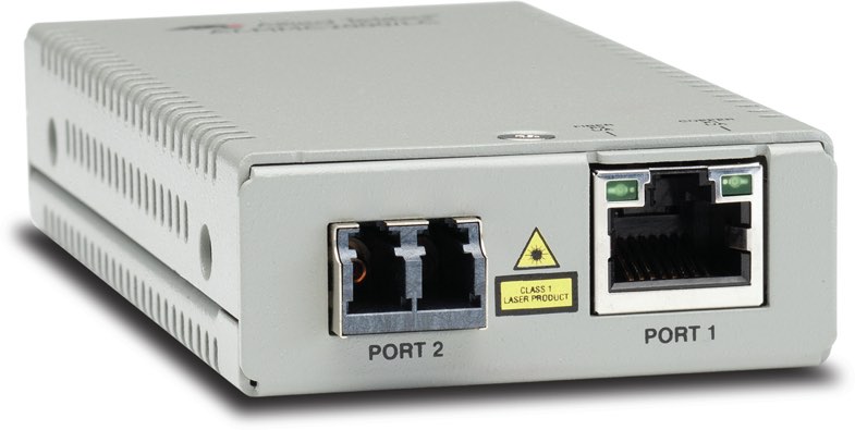 Allied Telesis  Convertidor de medios Gigabit Ethernet a fibra óptica, conector LC, multimodo (MMF), distancia de 220 hasta 500 m, con fuente de alimentación multi-región