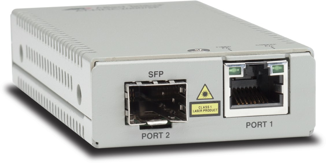 Allied Telesis  Convertidor de medios Gigabit Ethernet a fibra óptica con puerto SFP, con fuente de alimentación multi-región