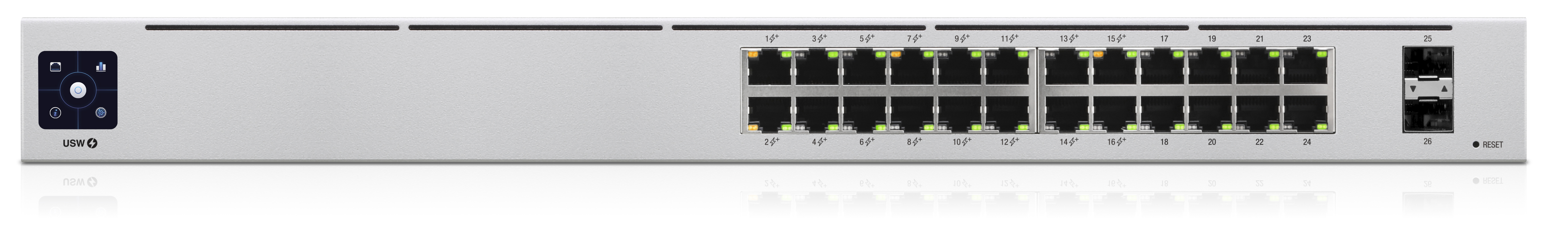Ubiquiti  UniFi Switch USW-24-POE Gen2, Capa 2 de 24 puertos (16 puertos PoE 802.3af/at + 8 puertos Gigabit) + 2 puertos 1G SFP, 95W, pantalla informativa
