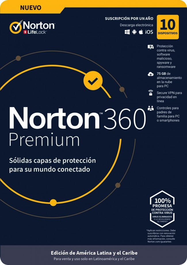 NortonLifeLock Norton 360 Premium Español Licencia básica 10 licencia(s) 1 año(s)