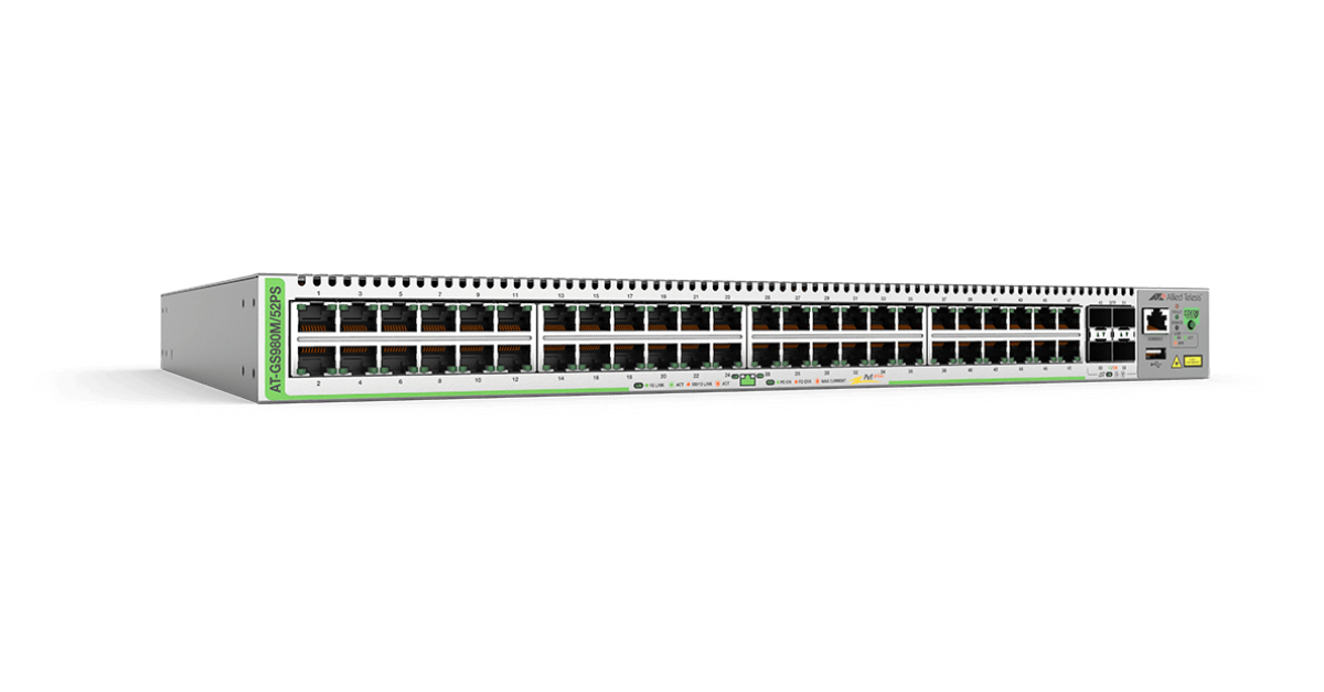Allied Telesis  Switch PoE+ Administrable CentreCOM GS980M, Capa 3 de 48 puertos 10/100/1000Mbps + 4 SFP Gigabit, 740 W