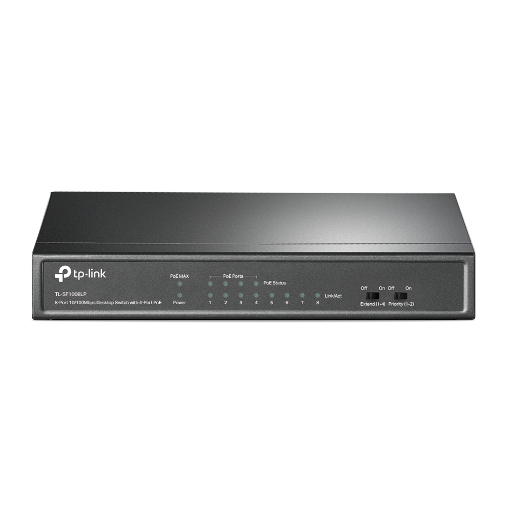 Tp-Link  Switch PoE No Administrable de Escritorio / 8 puertos 10/100 Mbps / 4 puertos PoE af / Presupuesto 41 W / Modo extensor PoE hasta 250 metros / Calidad video prioritaria