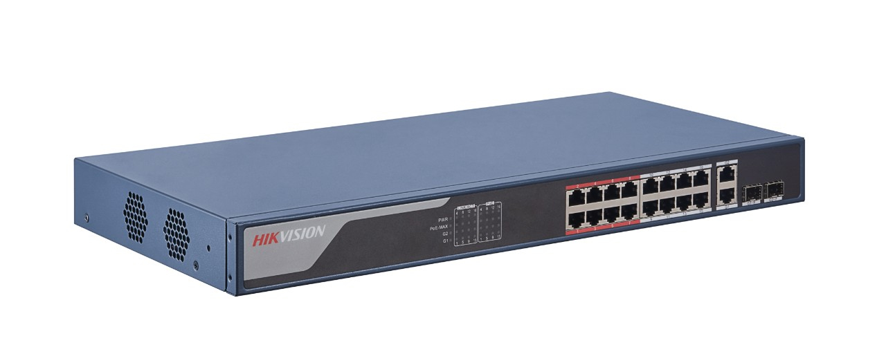 Hikvision  Switch Monitoreable PoE+ / 16 puertos 10/100 Mbps PoE+ / 2 puertos 10/100/1000 Mbps + 2 puertos SFP de Uplink / PoE hasta 250 metros / conexión remota desde Hik-PartnerPro / 230 W