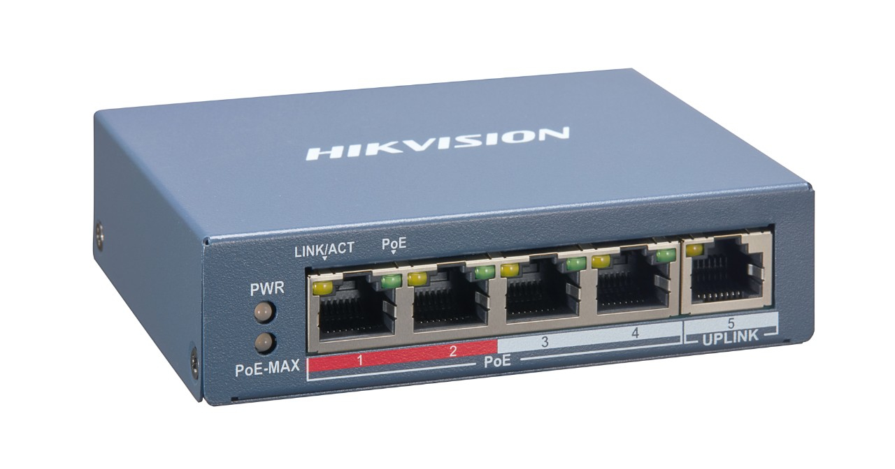 Hikvision  Switch Monitoreable PoE+ / 4 puertos 10/100 Mbps PoE+ / 1 puerto RJ45 Uplink / PoE Hasta 250 Metros / 60 W / Conexión Remota desde Hik-PartnerPro
