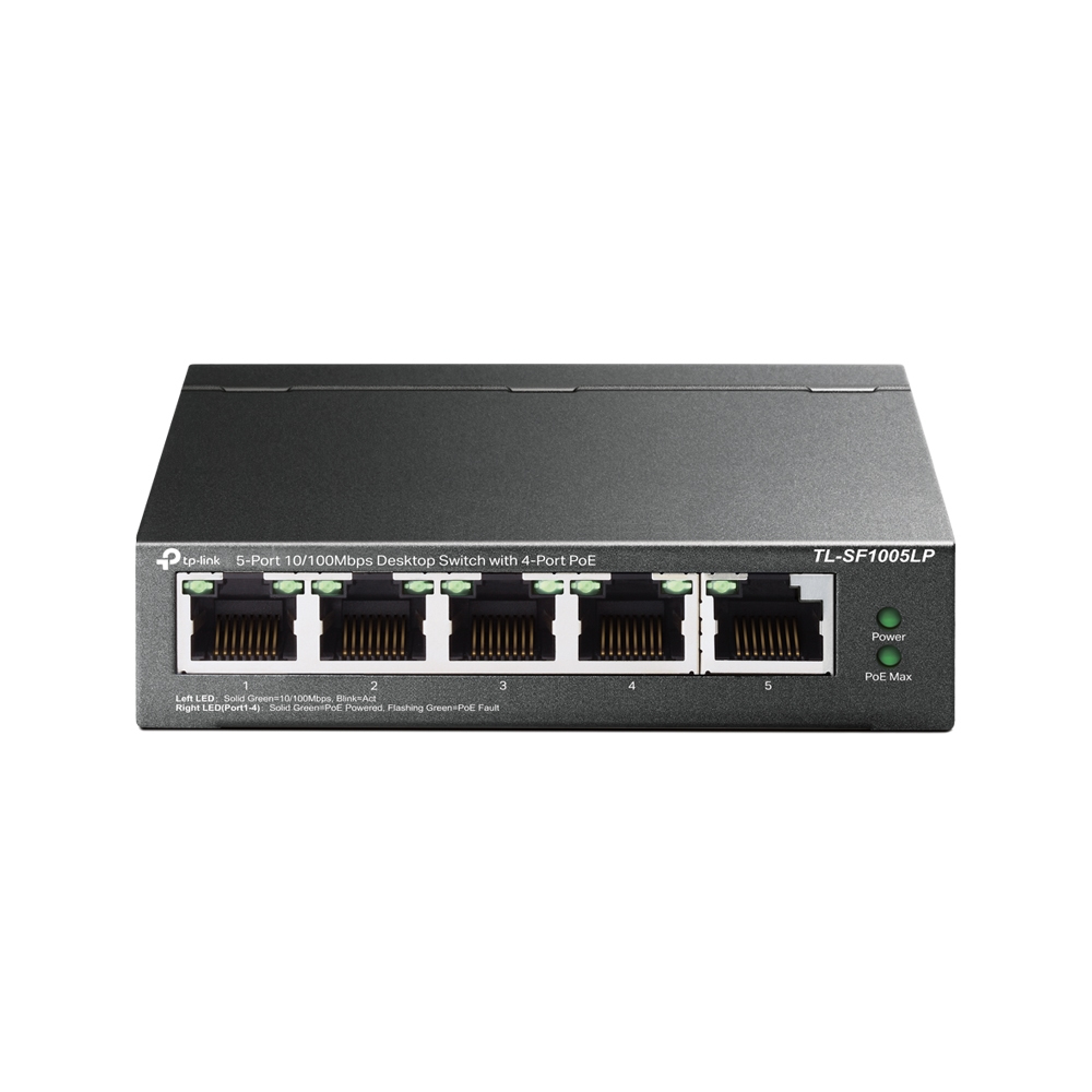 Tp-Link  Switch PoE No Administrable de Escritorio / 5 puertos 10/100 Mbps / 4 puertos PoE af / Presupuesto 41 W / Modo extensor PoE hasta 250 metros / Calidad video prioritaria