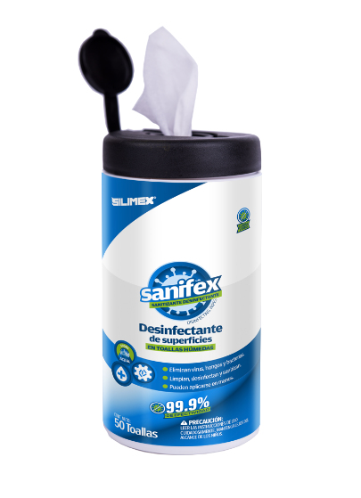 Silimex  Toallitas desinfectantes formuladas para desinfectar las superficies, ayudando a eliminar virus, bacterias y hongos que pueden ser perjudiciales para la salud, presentación 50 toallas
