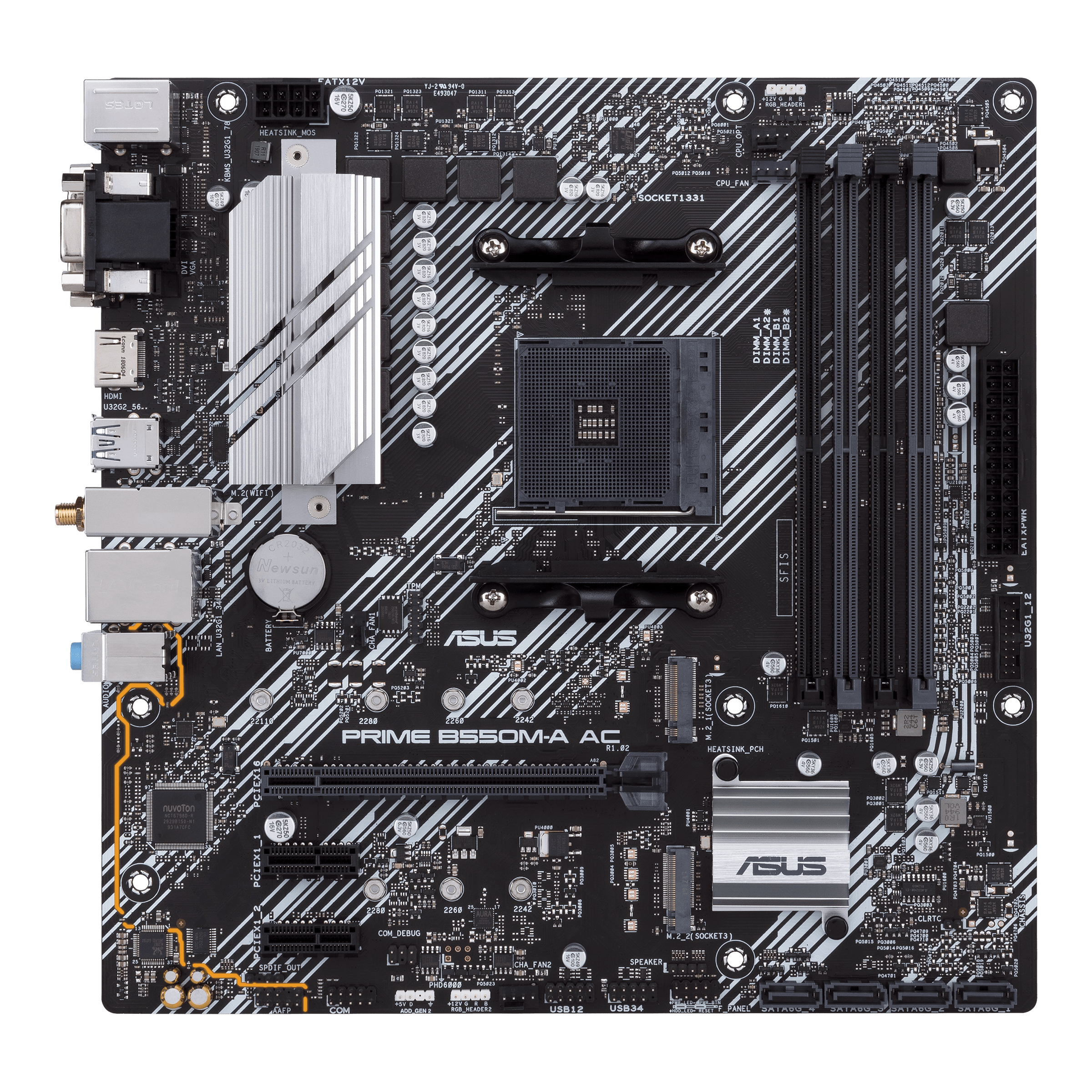 ASUS PRIME B550M-A AC Tarjeta madre AMD AM4 mATX con PCIe 4.0, dual M.2, WiFi, HDMI, D-Sub, DVI, SATA 6 Gbps, puertos USB 3.2 Gen 2 e iluminación Aura