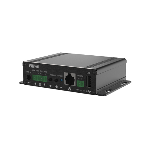 Fanvil  Gateway para Voceo IP/SIP,  Entrada de audio (3.5mm), salida de amplificador integrado de hasta 30W, puerto USB (reproducción de MP3),