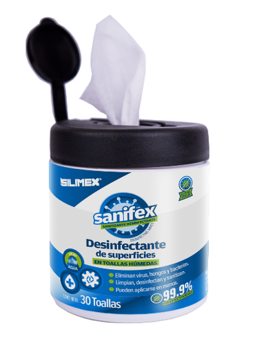 Silimex  Toallitas desinfectantes formuladas para desinfectar las superficies, ayudando a eliminar virus, bacterias y hongos que pueden ser perjudiciales para la salud, presentación 30 toallas