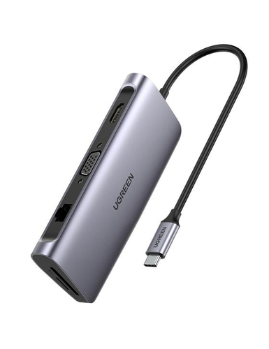 Ugreen  HUB USB-C Docking Station) 9 en 1 | 3 USB-A 3.0 | USB-C PD Carga 100W | HDMI 4K@30Hz | RJ45 (Gigabit Ethernet) | VGA | Lector Tarjeta SD + Micro SD (TF) Uso Simultaneo | Carcasa de Aluminio.