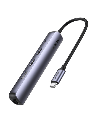 Ugreen  HUB USB-C (Docking Station) 5 en 1 | Ultra Delgado | 2 USB-A 3.1 a (5 Gbps) | HDMI 4K@60Hz | RJ45 (Gigabit Ethernet) | USB-C PD Carga Rápida 100W | Protección Múltiple | Chips Inteligentes | Pequeño y Ligero | Caja de Aluminio.