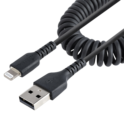 StarTech.com Cable de 1m USB a Lightning MFi, Cable en Espiral de Carga para iPhone, Negro, con Recubrimiento de TPE, Núcleo de Fibra de Aramida