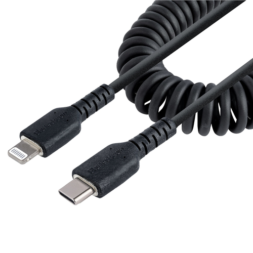 StarTech.com Cable de 1m USB-C a Lightning MFi, Cable USB Tipo C en Espiral de Carga Negro para iPhone, con Recubrimiento de TPE