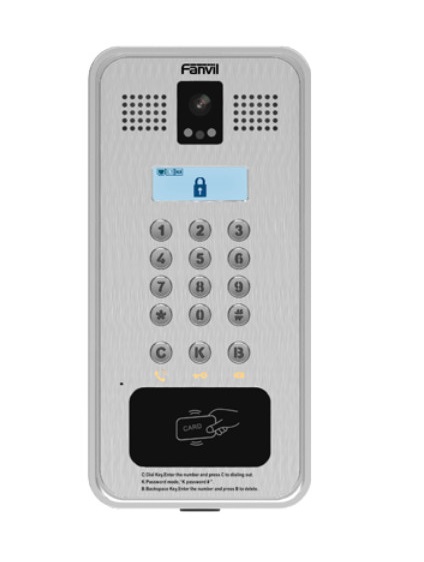 Fanvil  Video portero IP/SIP Con Cámara y pantalla LCD, 2 Relevadores Integrados (entrada y salida), Onvif y lector de tarjetas RFID, puerto WIEGAND (entrada).