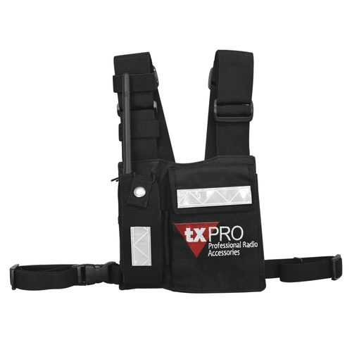 TXPRO  Pechera Universal con soporte para radio, sostén de bolígrafo y seguridad para la bolsa con cinta adherente. Logo TX-PRO.
