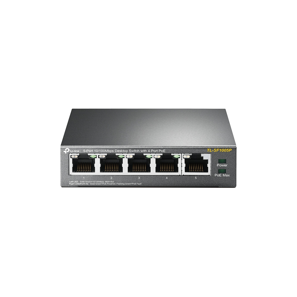 Tp-Link  Switch PoE no Administrable de escritorio / 5 puertos 10/100 Mbps / 4 puertos PoE af/at / Presupuesto 67 W / Modo Extensor hasta 250 m / Calidad video prioritaria