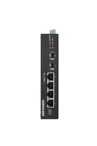 Hikvision  Switch Industrial No Administrable Gigabit / 3 Puertos Gigabit PoE+ (30 W) + 1 Puerto Gigabit PoE++ (60 W) / 2 Puertos SFP / 65 W Total / 48 a 57 VCD / Ideal para Proyectos