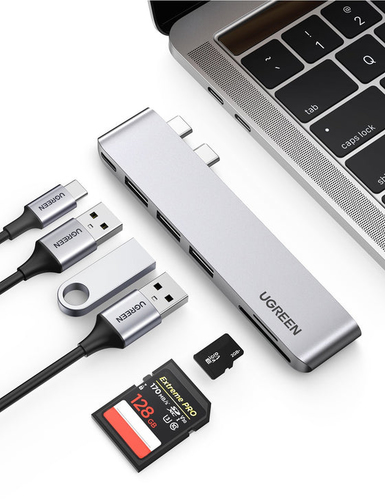 Ugreen  HUB USB-C (Thunderbolt 3) 6 en 2 | 3 Puertos USB3.0 | 1 USB-C (PD 100W) | Transferencia de Video y Datos | Memoria SD+ Micro SD (TF) Uso Simultáneo | Multifuncional para MacBook Pro/Air | Carcasa de Aluminio.
