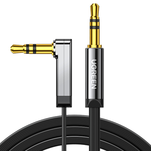 UGREEN  Cable Auxiliar Plano 2 Metros / Conector 3.5mm a 3.5mm / Macho-Macho / Recto a Angulo / Ángulo de 90° en una de sus Puntas / Color Negro