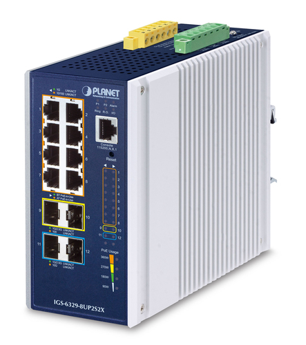 PLANET  Switch Industrial Administrable Capa 3, Con 8 Puertos PoE Gigabit 802.3bt, 2 Puertos SFP de 1 G / 2.5 G, 2 Puertos SFP 10 G