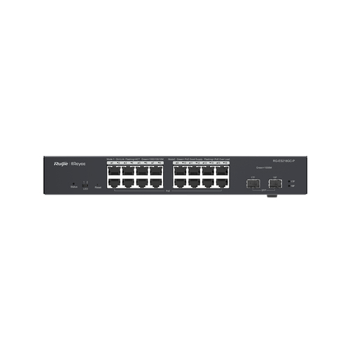 RUIJIE  Switch L2 Administrable PoE con 16 puertos Gigabit PoE 802.3af/at + 2 SFP para fibra 1Gb, gestión gratuita desde la nube, 240w